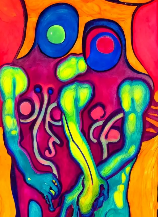 Prompt: a strange, biomorphic painting of two humanoid figures entwined and draped in vibrant coloured silk, in the style of charlie immer, highly detailed, dramatic, emotionally evoking, head in focus, oil painting, timeless disturbing masterpiece