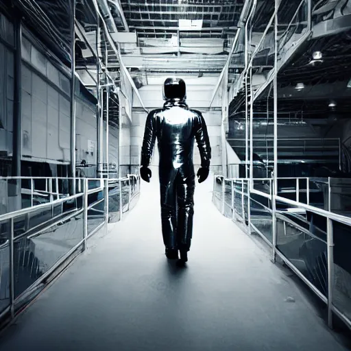 Image similar to mysterious man in silver space suit, walking on a small industrial catwalk, floating in deep space with a black background, photograph, wide angle, long shot