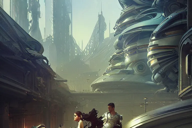 Image similar to ultra realistic, beautiful men and women in a futuristic utopian street, sci - fi, intricate details, eerie, highly detailed, octane render, 8 k, art by artgerm and alphonse mucha and greg rutkowski