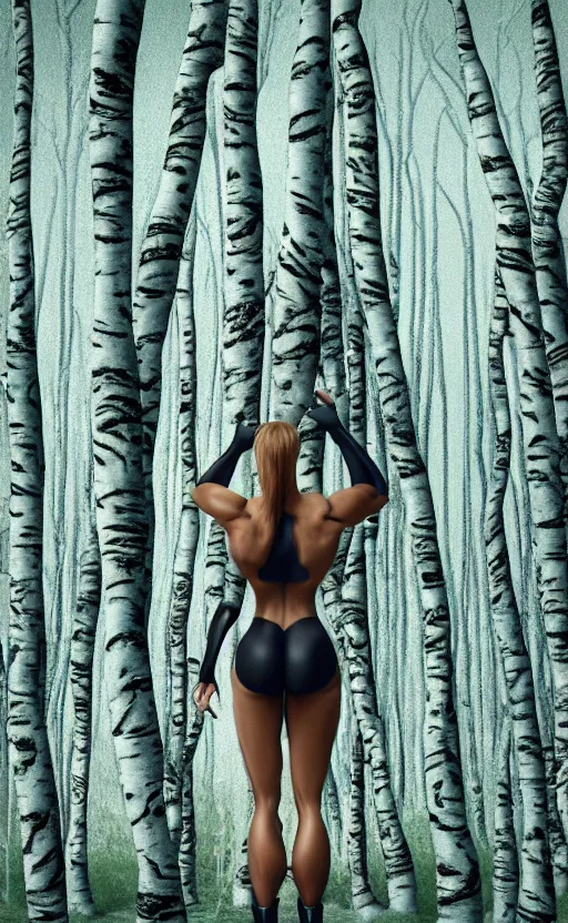 Image similar to photo of superbodybuilder woman posing standing with back in birch forest in jeff koons hip hop bauhaus style, beautiful detailed face, ultra realistic, concept art, intricate details, serious, highly detailed, photorealistic, octane render, 8 k, unreal engine, natural light, art by todd mcfarlane