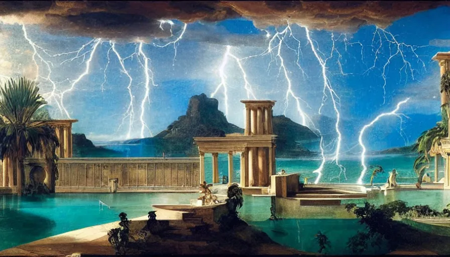 Prompt: A pool inside the giant Palace, mediterranean balustrade and columns, refracted lines and sparkles, thunderstorm, greek pool, beach and Tropical vegetation on the background major arcana sky and occult symbols, by paul delaroche, hyperrealistic 4k uhd, award-winning, very detailed paradise