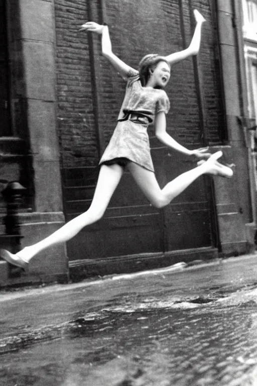 Image similar to A woman wearing a dress, long legs, leaping over a large puddle in the street, the decisive moment, photographed by Henri Cartier-Bresson on a Leica camera