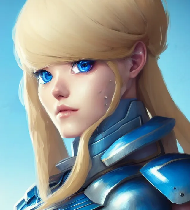 Image similar to character concept art of a cute german woman with blond hair and blue eyes, wearing plastic armor. lovely - fine - face, pretty face, key visual, realistic shaded perfect face, fine details by wlop, rossdraws, james jean, andrei riabovitchev, marc simonetti, sakimichan, trending on artstation