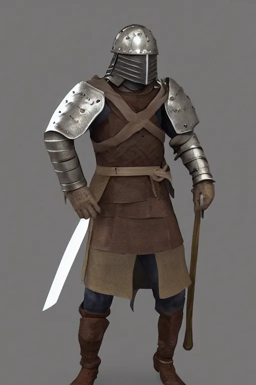 Prompt: character model of a medieval warrior in neutral t - pose, 3 d, 4 k, ultra - hd, character concept model, volumetric lighting, physically - based render, arms out, facing forward