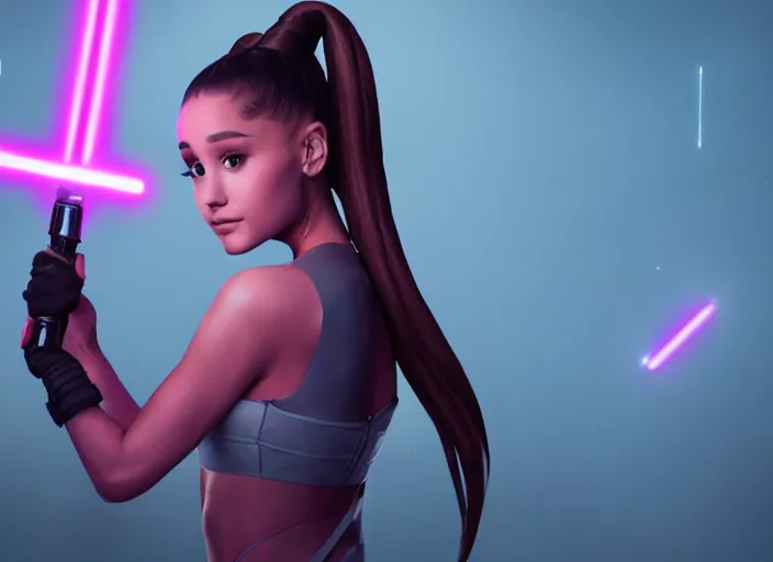 Image similar to An extremely detailed photo of Ariana Grande in the Star Wars universe with two pink lightsabers held in each hand. Maximum detail on artstation, photo realism, vivd details, vivd colour, volumetric lighting. anime art style