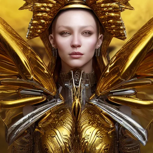 Image similar to a beautiful angel with a golden helmet wearing a silver armor with golden ornaments and diamonds jewelry, wings by alex gray and android jones, karol bak, ayami kojima, amano, concept art, character design, fantasy, 3 d, 8 k resolution