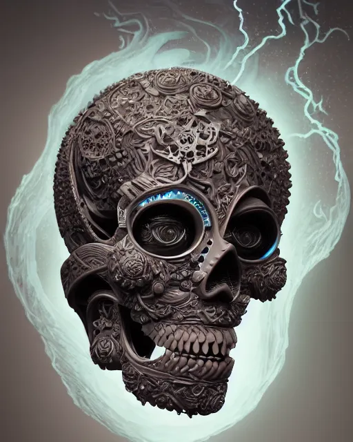 Image similar to 3 d ornate carved robot with tattoos profile portrait, sigma 5 0 0 mm f / 5. beautiful intricate highly detailed skull. bioluminescent, plasma, lava, ice, water, wind, creature, thunderstorm! artwork by tooth wu and wlop and beeple and greg rutkowski, 8 k trending on artstation