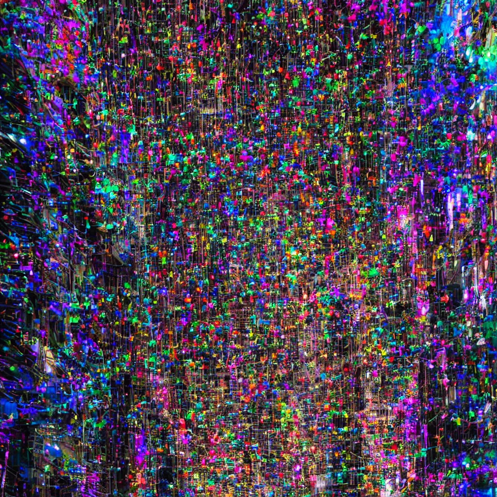 Prompt: a thin layer of microscopic multi-colored glitter twists and twirls in a light breeze above the narrow streets of a cyberpunk city