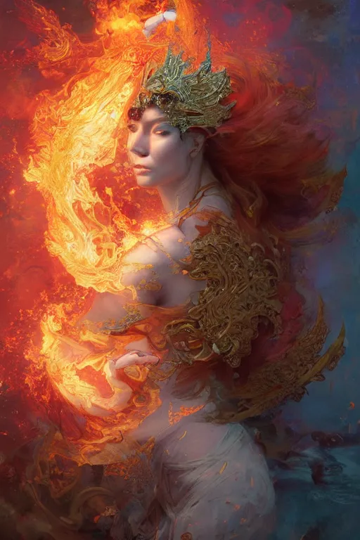 Prompt: a portrait of godess of fire surounded by flaming phoenix in intricate detailed color smashing fluid oilpaint, 3 d render, hyper realistic detailed portrait, color leaves, ruan jia, wlop. scifi, fantasy, hyper detailed, octane render, concept art, intense colors by peter mohrbacher, by wlop, by ruan jia, by alphonse mucha