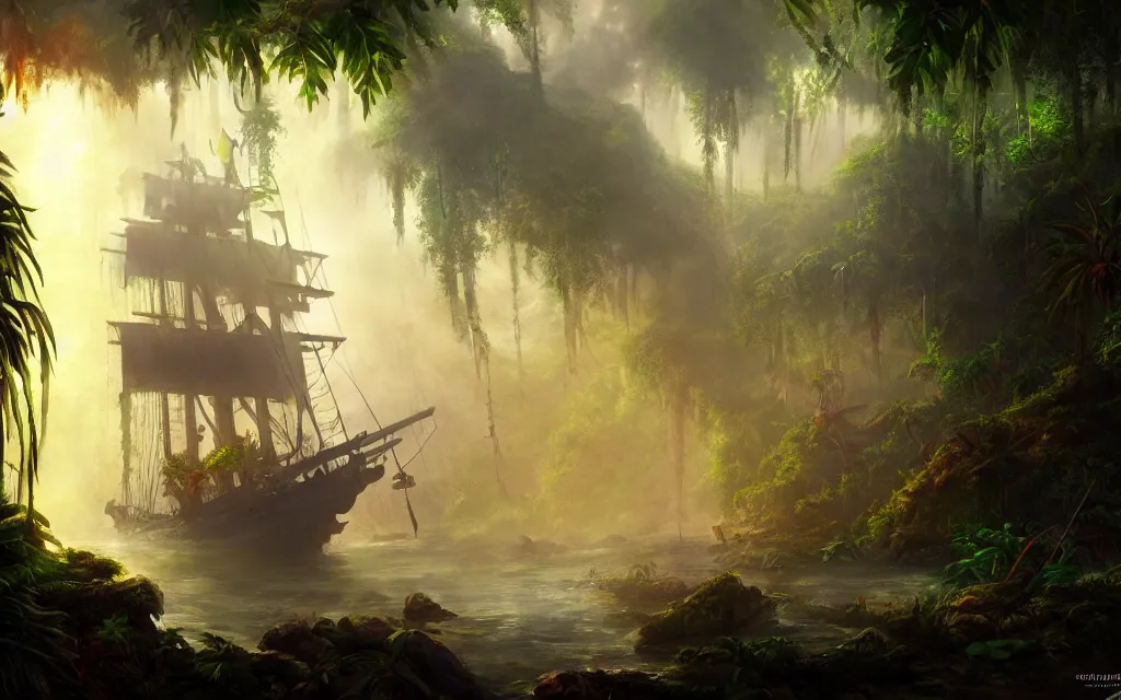 Image similar to a large pirate ship in a dense jungle, misty background, light rays, beautiful lighting, vivid colors, intricate, elegant, highly detailed digital painting, concept art, smooth, sharp focus, unreal engine, 4 k wallpaper, trending on cgsociety, trending on artstation