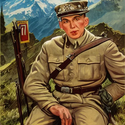 Image similar to highly detailed german ww 2 propaganda!!! nazi poster of german alps, photorealistic, diffuse lighting, hdrp, artstation, unreal 5, smooth, textless, sharp focus, art by john collier, albert aublet, krenz cushart, artem demura, alphonse mucha