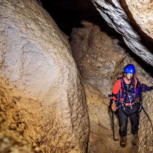 Prompt: photo of spelunkers in caving gear exploring a narrow beautiful cave full of gleaming geodes, crystals, and gemstones. professional journalistic photography from national geographic.