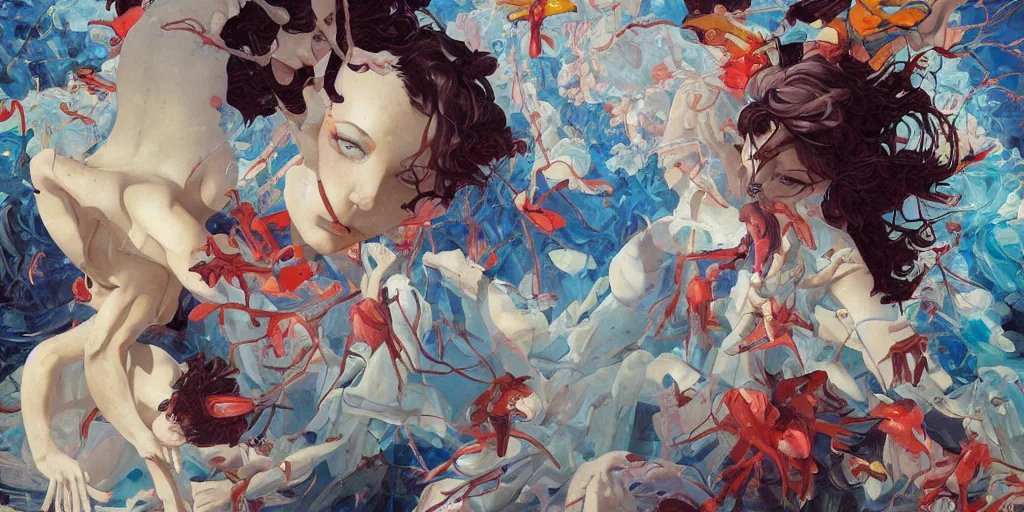 Image similar to gigantic angels painting soft light by james jean and satoshi kon and erik jones, inspired by evangelion, smooth feature, intricate oil painting, high detail illustration, sharp high detail, 1 9 9 9