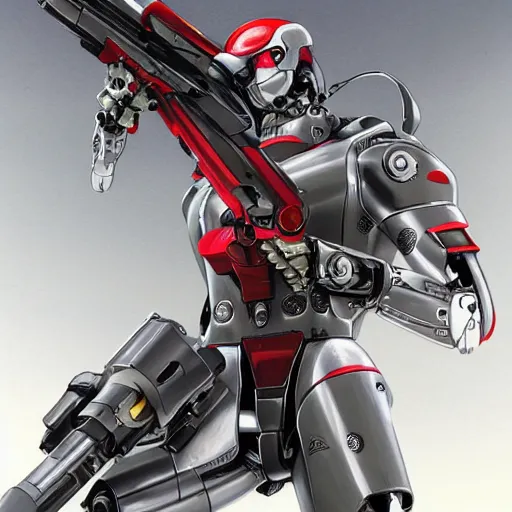 Prompt: ruger redhawk 3 5 7 8 shot revolver mobile combat suit firearm rococo robot, biomechanical, handgun mecha android, detailed illustration, concept art, smooth, sharp focus, by rem koolhas, bandai macross box art