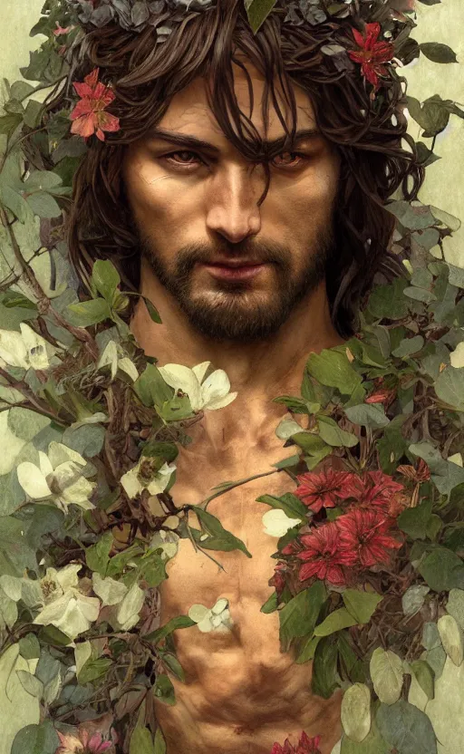 Image similar to god of the forest, 3 0 years old, rugged, handsome, male, detailed face, clean lines, atmospheric lighting, amazing, full body, thighs, flowers, muscular, intricate, highly detailed, digital painting, deviantart, concept art, sharp focus, illustration, art by greg rutkowski and alphonse mucha