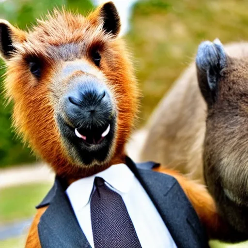 Image similar to an antropomorphic capybara wearing a suit smoking a cigar