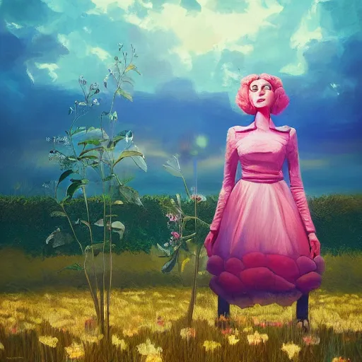 Prompt: portrait, giant rose flower head, girl in a suit, surreal photography, sunrise, blue sky, dramatic light, impressionist painting, digital painting, artstation, simon stalenhag