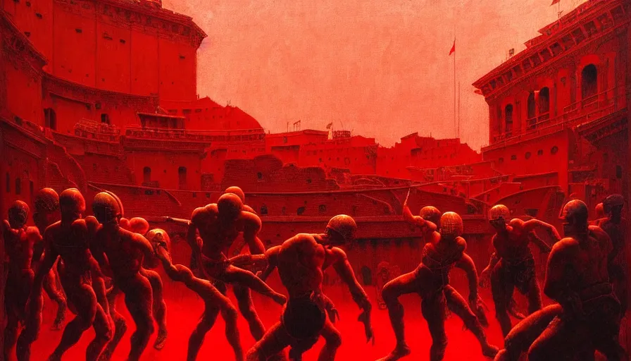 Image similar to only with red, a lightly armored gladiator in a crowded roman amphitheatre, crowd cheering, in the style of beksinski and edward hopper and rodcenko and yue minjun and cory loftis, intricate and epic composition, red by caravaggio, highly detailed, masterpiece, red light, artstation, art nouveau