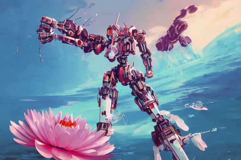 Prompt: waterlily headed combat mecha whose top half is a flower with petals being robotic limbs, bandai box art, behance hd artstation by syd mead, rhads, makoto shinkai, lois van baarle, ilya kuvshinov, beeple, laurie greasley, victo ngai, andreas rocha, gundam box art