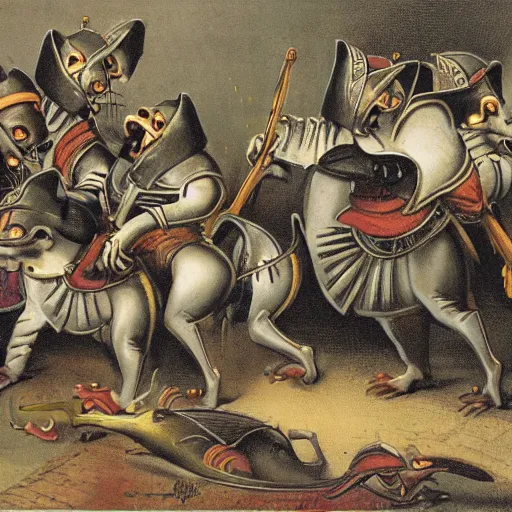 Image similar to a photo of huge rats fighting with knights