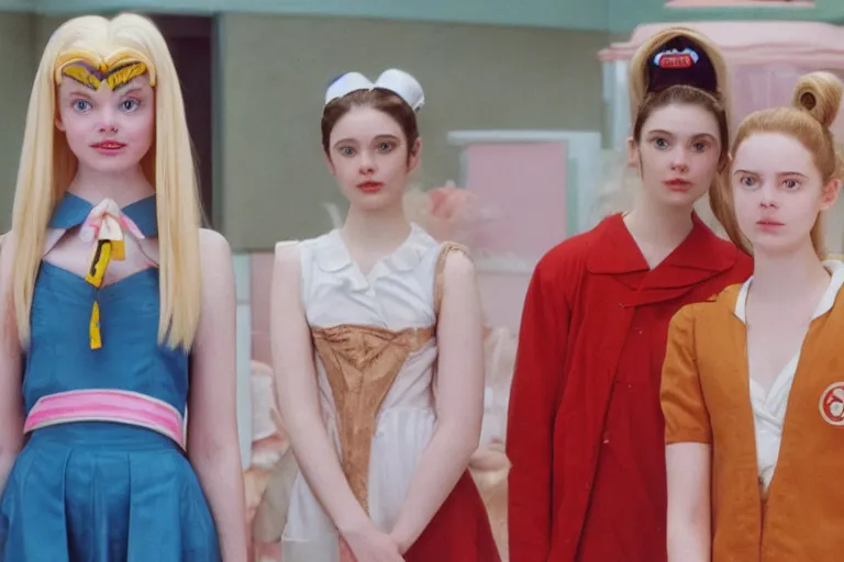 Prompt: wes anderson live action adaptation of sailor moon, usagi is played by elle fanning