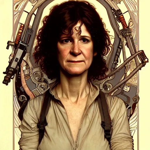 Prompt: full portrait of holly hunter as ellen ripley, fantasy, d & d, intricate, detailed, by by alphonse mucha, adolfo hohenstein, alice russell glenny, stanley artgerm lau, greg rutkowski, detailed, trending on artstation, trending on artstation, smooth