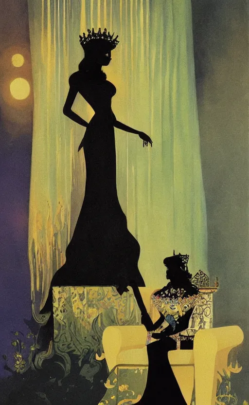 Image similar to an oil painting of a queen in a black funeral dress sitting on a throne, by bruce pennington, by eyvind earle