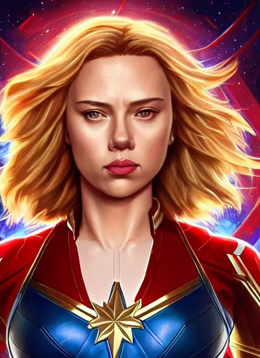 Image similar to Scarlett Johansson as Captain Marvel, fantasy, intricate, elegant, highly detailed, digital painting, artstation, concept art, smooth, sharp focus, illustration, art by artgerm and greg rutkowski and alphonse mucha