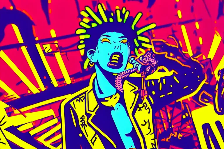 Image similar to pop art of a punk at a japanese metal concert in a cyberpunk world, bright neon colors, intricate details, complementary colors, detailed face, backlighting, octane render, depth of field, extremely detailed, trending in artstation, focus on face, sharp focus, radiant light, beautiful composition, drawn by roy lichtenstein, keith haring, romero britto