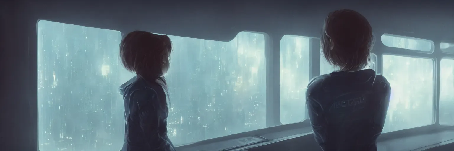 Prompt: Young girl looking out the window of a futuristic train, foggy dystopian cyberpunk city with neon lights in the background trending on artstation, artstationHD, artstationHQ, unreal engine, 4k, 8k