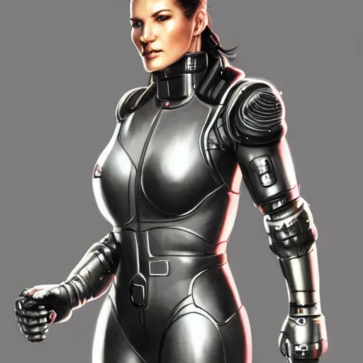 Image similar to gina carano with robotic cybernetic metallic grey left arm, casual pose, cyberpunk, digital painting, artstation, concept art, smooth, 8 k frostbite 3 engine, ultra detailed, art by artgerm and greg rutkowski and magali villeneuve