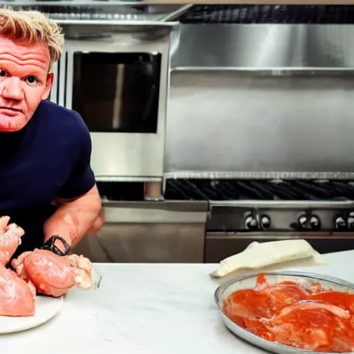 Prompt: Gordon Ramsay eating raw chicken