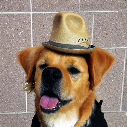 Image similar to a golden retriver dog wearing a fedora