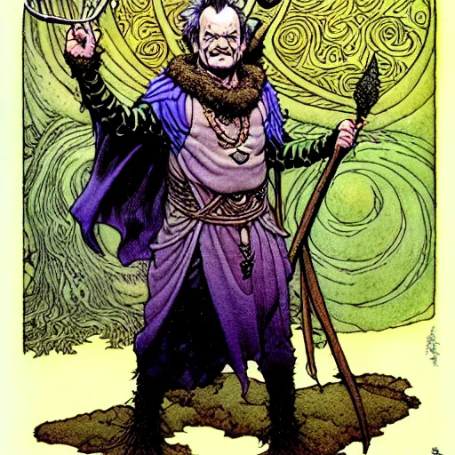 Image similar to a high fantasy portrait of bill murray as a mystical druidic warrior wizard giving the camera the finger by rebecca guay, michael kaluta, charles vess and jean moebius giraud