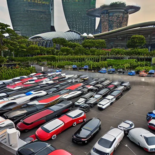 Prompt: large group of cars parking at garden by the bay in Singapore, photorealistic, ultra-detailed, high resolution