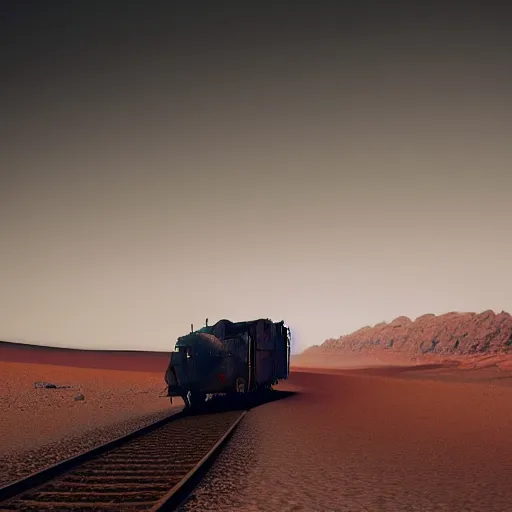 Image similar to train on wheels crosses the desert on mars, landscape, cyberpunk