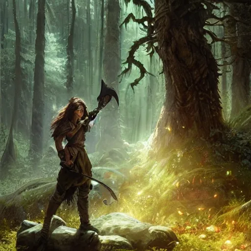 Prompt: epic fantasy portrait of a earth and nature god with brown hair and a husky beard holding a dark metal sword in the deep forest as he looks at us, oil painting by Greg Rutkowski and Charlie Bowater and Artgerm, unreal 5, DAZ, epic RPG Portrait, trending on artstation, dynamic lighting, late afternoon lighting, forest, green theme, afternoon light