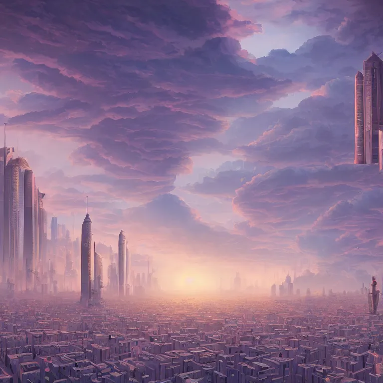 Image similar to A beautiful ultra detailed matte painting of riyadh at DAWN, cinematic lighting, vivid, byCyril Rolando, David Wiesner, unreal engine, featured on artstation