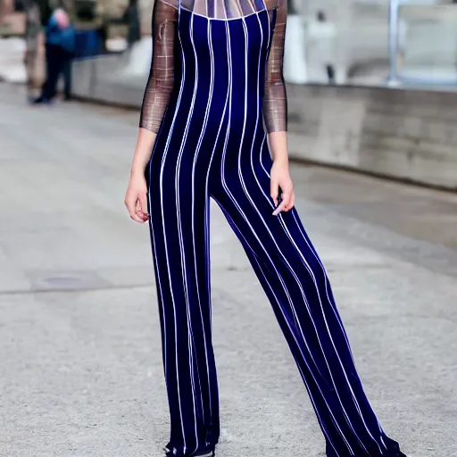 Image similar to model wearing tight dark blue jumpsuit with a see - through mesh stripe all the way up the side, from her ankles to her neck