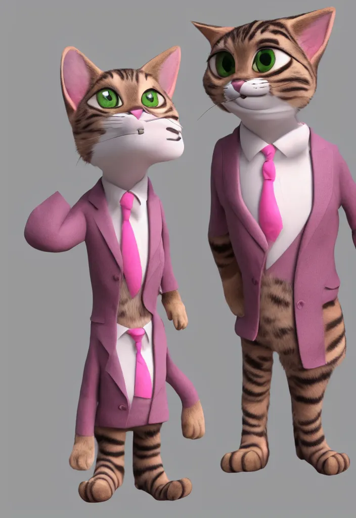 Image similar to 3d render , anthropomorphic male tabby cat,wearing a pink tux ,style of Zootopia, 8K HD Resolution, High quality image