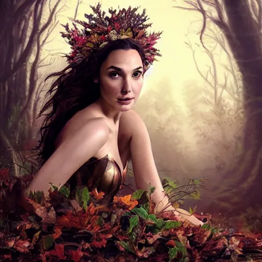 Image similar to Portrait of the beautiful woman Gal Gadot as a forest nymph, she is posing, she has a crown of flowers, she is sitting on an ancient forest, there is fog and lots of extravagant leafs, she is getting ulluminated by the rays of the sunset, the photo was taking by Annie Leibovitz, matte painting, oil painting, naturalism, 4k, 8k