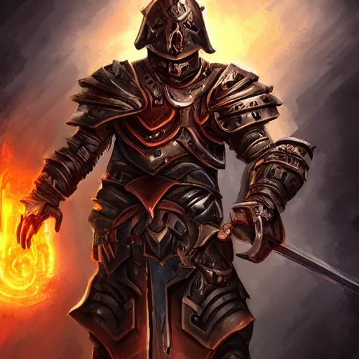 Image similar to Ares with heavy armor and sword, heavy knight helmet, dark sword in Ares's hand, war theme, bloodbath battlefield, fiery battle coloring, hearthstone art style, epic fantasy style art, fantasy epic digital art, epic fantasy card game art