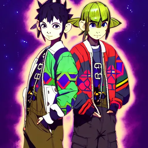 Image similar to majora majora's mask wearing oversized mayan bomber jacket with overalls, bulky poofy bomber jacket with mayan patterns, aztec street fashion, genshin impact art style, gapmoe yandere grimdark, trending on pixiv fanbox, painted by greg rutkowski makoto shinkai takashi takeuchi studio ghibli, akihiko yoshida