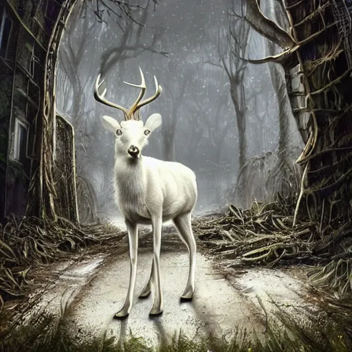 Prompt: professional stylized digital art of a majestic white deer standing in front of an abandoned overgrown city, dystopia, post - apocalyptic, high detail, hd, 4 k