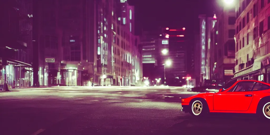 Prompt: Lone 80s red Porsche sports car on deserted city street at night time, purple lighted street, wide angle, cinematic, retro-wave vibes, grainy, soft motion blur, VHS Screencap