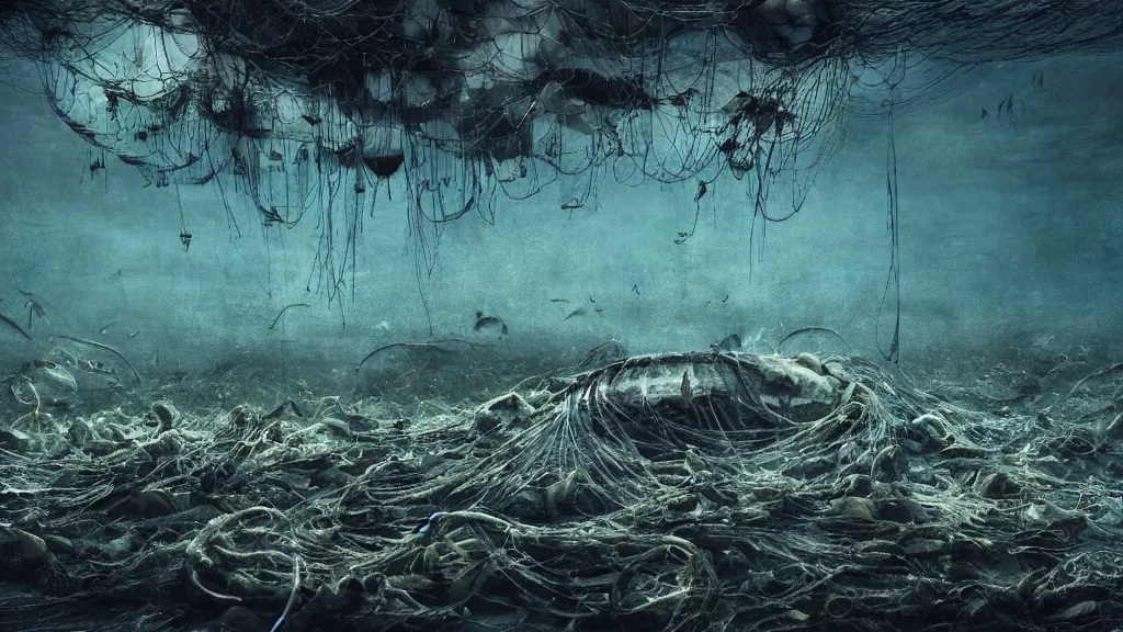 Prompt: Thousands of dead fish under water, fish hooks, seaweed, highly detailed, yuumei, Adam duff lucidpixul, natural lighting, dark atmosphere, digital painting, creepy and dark feelings, metal fishing hooks and nets everywhere, the background has a faded image of the earth