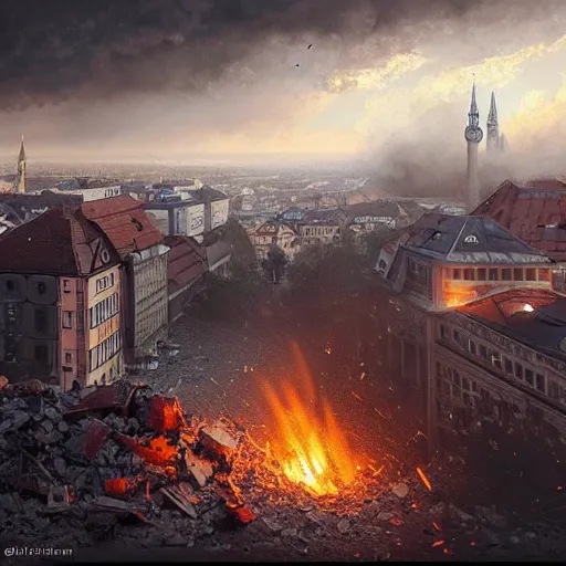 Prompt: city of munich destroyed by a meteor!!!, rubble!!, fires!!, a close view of a rabi in panic!!!, hyperrealistic, highly detailed, cinematic, foggy light from fires, beautiful, cgssociety, artstation, 8 k, oil painting by greg rutkowski, by artgerm, by wlop