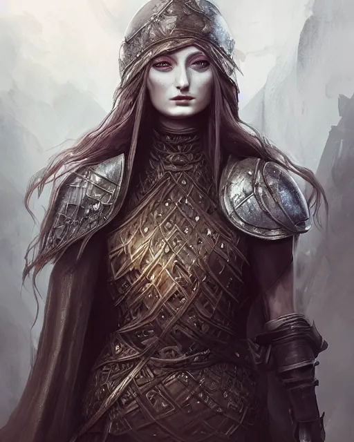 Prompt: Sophie Turner as the fire keeper from Dark Souls 3, highly detailed portrait by Ross Tran and Angel Ganev, photorealistic, RTX ON, trending on cgsociety
