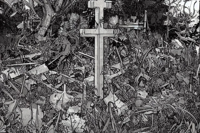 Image similar to abandoned overgrown graveyard, large crosses, spiny thorned giant plants, very coherent, intricate design, painting by Laurie Greasley, part by Yoji Shinkawa, part by Norman Rockwell