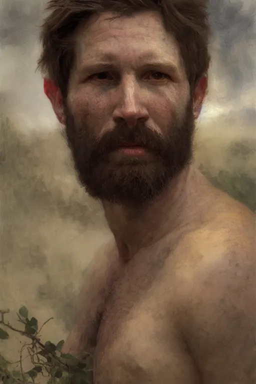 Image similar to Male primal hunter by Alyssa Monks, Bouguereau. full-shot, hyper realism, realistic proportions, dramatic lighting, high detail 4k